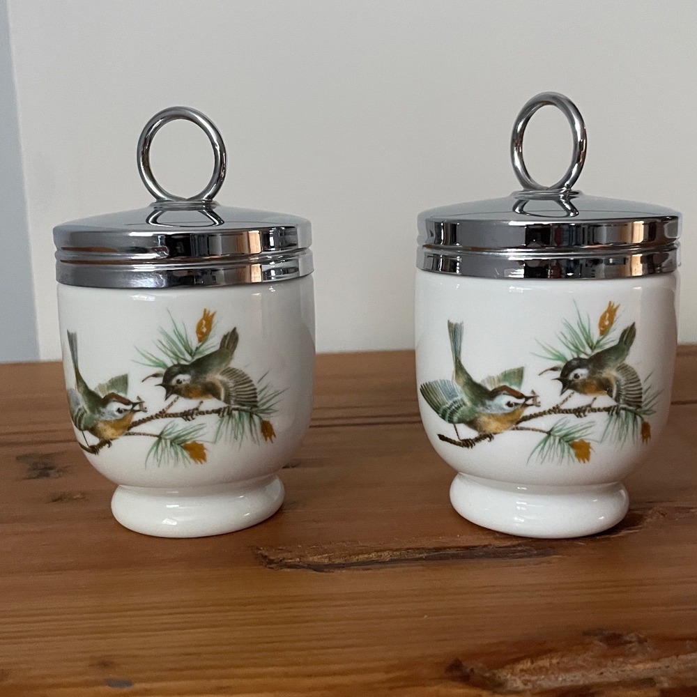 Royal Worcester Egg Coddler Set of Two Vintage Bird Wren Porcelain